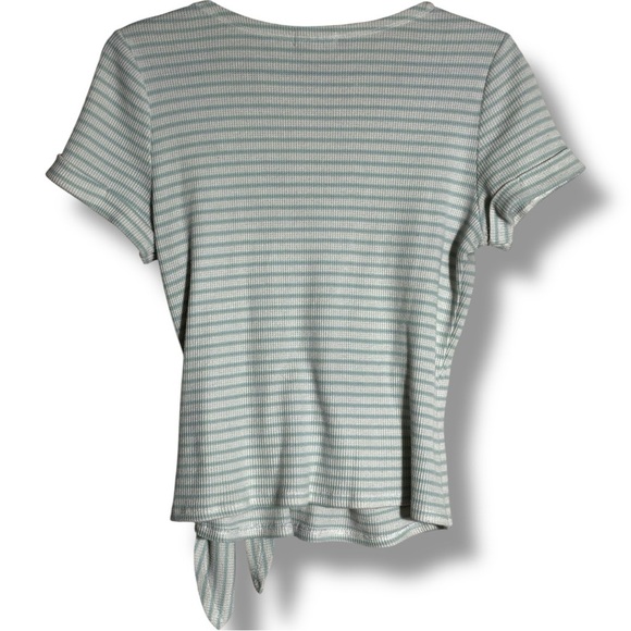 Copper Key V-Neck Short Sleeve Rib Knit Front Tie Green and White Striped Top - Picture 16 of 16